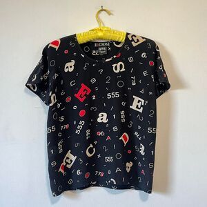 Vintage 1980s Escada Black and Red Graphic Numbers Letters Print Silk Blouse 34